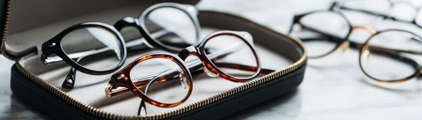 A close-up image of multiple eyeglasses, including black and tortoiseshell frames, with some resting in an open case on a marble surface.