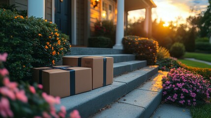 Packages delivered to a home's porch at sunset.