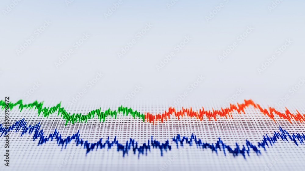 Poster colorful data waves: vivid blue, green, and red data lines form waves across a graph, visualizing tr