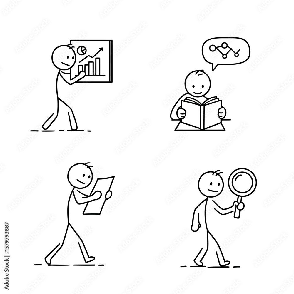 Poster a set of four simple stick figures engaged in various analytical and research activities, illustrati