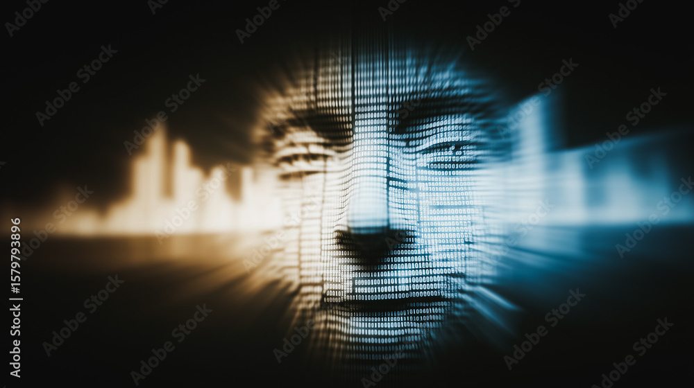 Poster artificial intelligence face: a digital depiction of a human face is composed of numerous intricate 