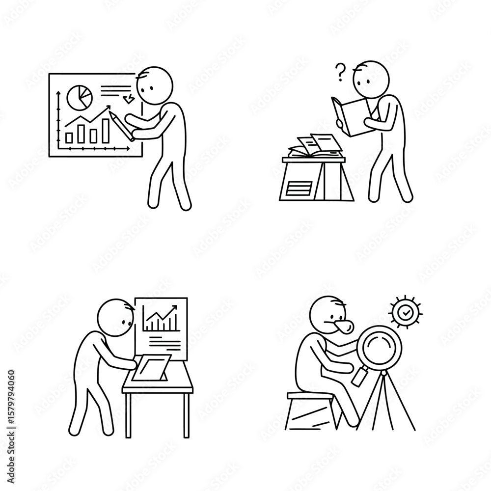 Poster a set of four line art illustrations depicting a person analyzing data on a chart, reading documents
