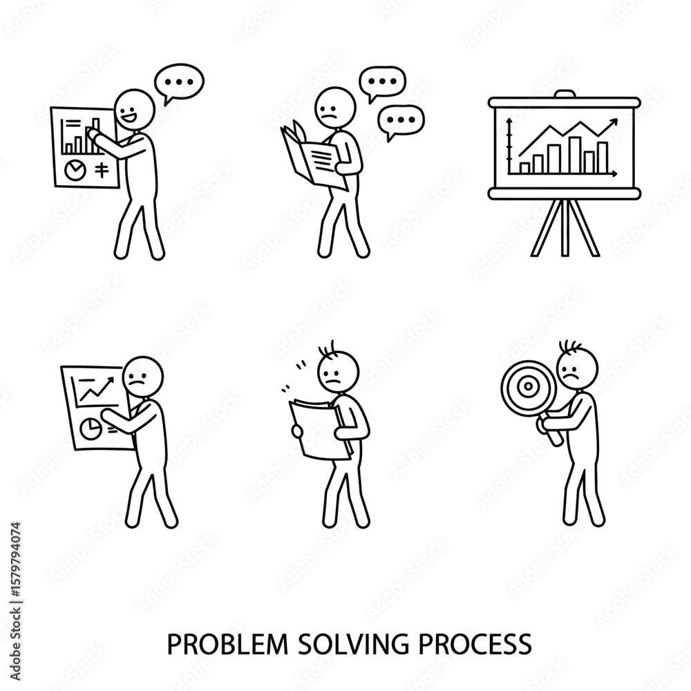 Poster a collection of simple line drawings depicting a problem-solving process, featuring stick figures an