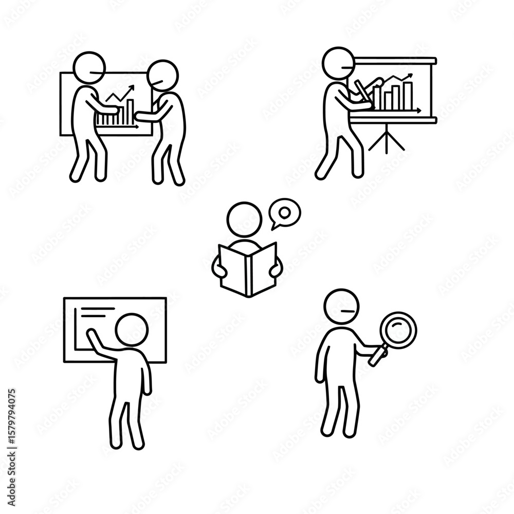 Poster a collection of outline illustrations showing stick figures engaged in various activities such as pr
