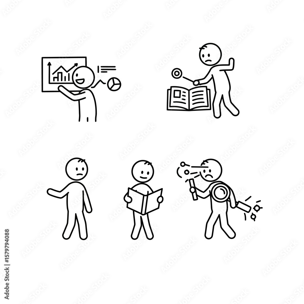 Poster collection of simple stick figure icons illustrating business, learning, and problem-solving concept