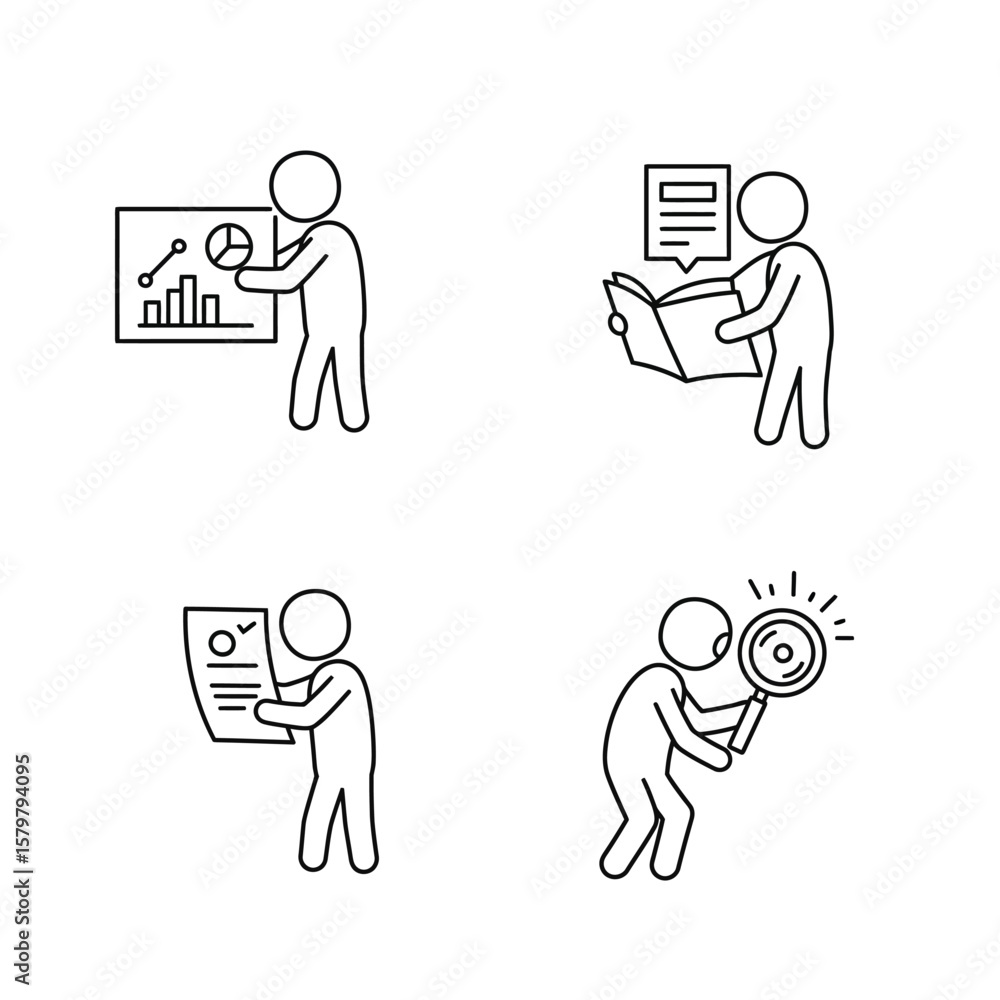 Poster a collection of minimalist line art icons illustrating essential business processes like data analys