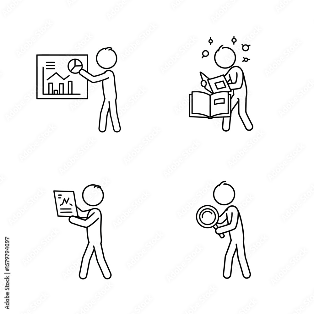 Poster a collection of minimalist line art stick figures illustrating various business processes like data 