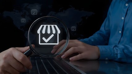 Local marketplace and e-commerce business concept. A person using a laptop with a magnifying glass focusing on a digital storefront, online marketplace, business growth, and e-commerce opportunities.
