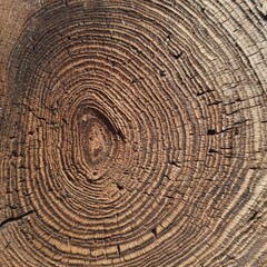 Naklejka premium Close-up of a cross-section of a tree trunk, revealing concentric growth rings and a central knot. The wood shows variations in color and texture