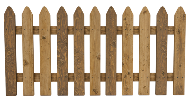 Rustic wooden picket fence section exhibits distressed texture and neutral color palette against a dark background.