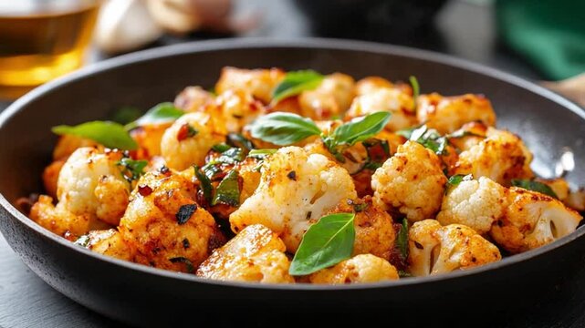 Spicy Roasted Cauliflower: A delectable dish of roasted cauliflower florets, seasoned with aromatic spices and garnished with fresh basil leaves, presented in a rustic skillet.