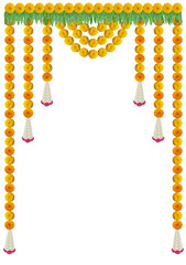Marigold flower garland decoration backdrop for wedding decor, Happy Diwali, Indian Holiday festival background
