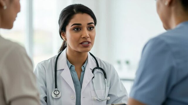 Attentive female doctor of Indian descent discusses a medical case with a patient and a nurse in a hospital setting. Healthcare professionals in consultation.