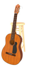 Classical Guitar Next to Wooden Chair 3d render
