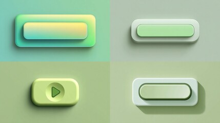 Four colorful, 3D-rendered, rounded rectangle buttons showcasing gradients and shadows on a subtle, monochromatic background