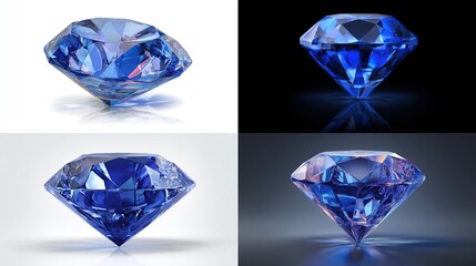 Four detailed images of a brilliant, faceted gemstone in a vibrant blue hue, shown against varied backdrops