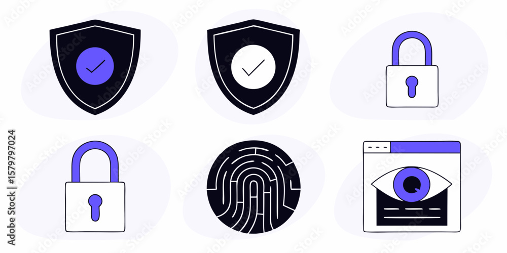 Poster cyber security themed graphic featuring a shield for protection and a fingerprint for identity verif