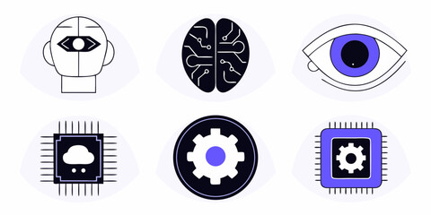 Fototapeta premium Depicts artificial intelligence elements including a brain, robot head, cloud computing, and settings gear in a minimalist style.