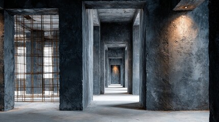 Fototapeta premium Interior view of modern house in unfinished construction featuring elegant minimalist design; cement walls and exposed steel rods showcase architecture progress and structural framework
