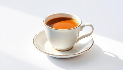 Fototapeta premium Elegant porcelain cup and saucer, creamy coffee, white background, coffee, home