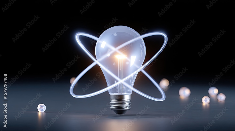 Poster illuminating concepts of energy and innovation with a light bulb surrounded by an atomic symbol desi