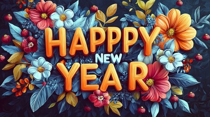 Happy New Year 3D Gold Lettering with Blue and Orange Floral Surround Background for Greeting Card, Invitation, Poster, and Holiday Design