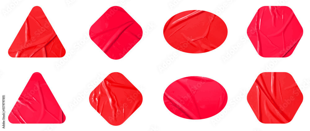 Poster set of vector red sticky note papers geometric shapes and wrinkles, copy space stickers or patches f