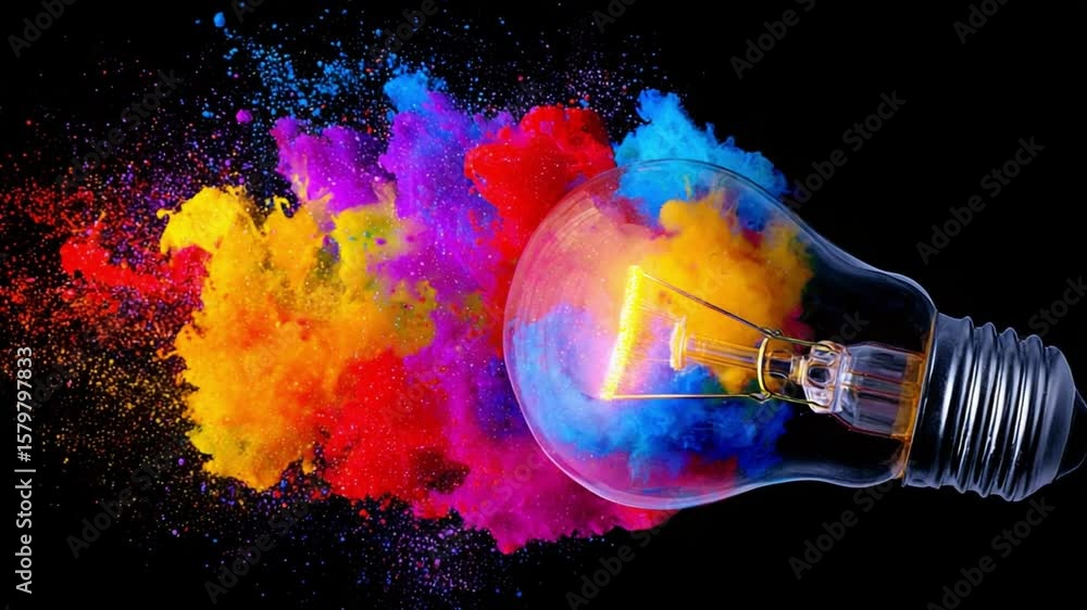 Poster idea explosion: a dynamic visualization of the power of innovation, with a light bulb illuminated by