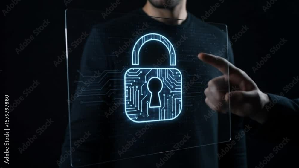 Poster person interacting with a transparent screen displaying a glowing digital padlock with circuit patte