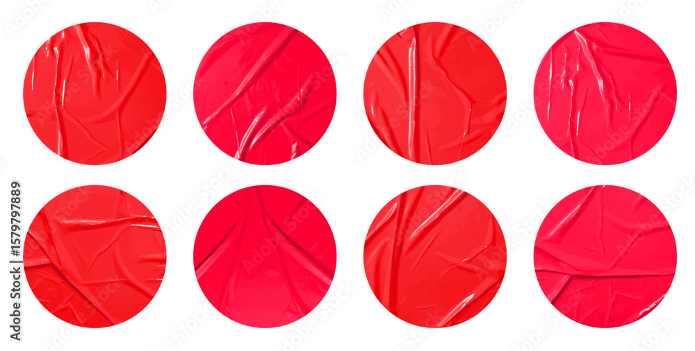 Poster set of vector red sticky note papers circle shapes and wrinkles, copy space stickers or patches for 