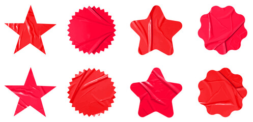 Set of vector red sticky note papers stars shapes and wrinkles, Copy space stickers or patches for preview tags labels design	