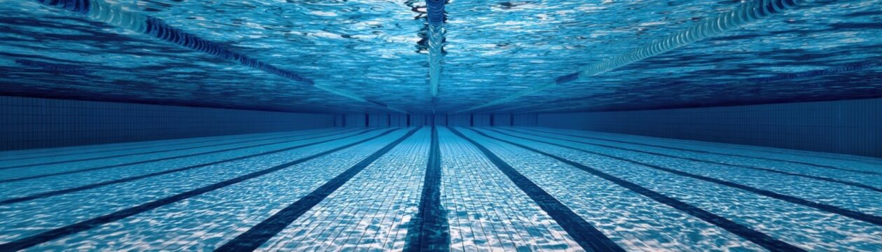 Underwater view of empty swimming pool lanes with clear blue water and sunlight reflections.