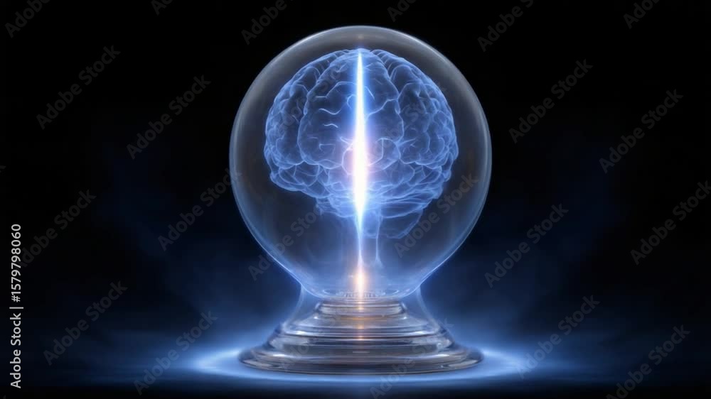 Aufkleber the mind's core: a luminous brain enclosed within a futuristic sphere, illuminated with ethereal glo