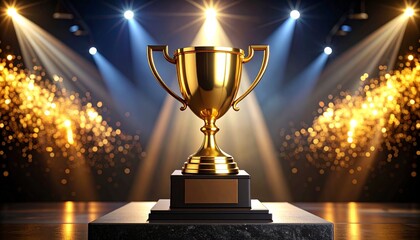 Glowing Gold Trophy on Velvet Podium with Dramatic Spotlight and Subtle Bokeh