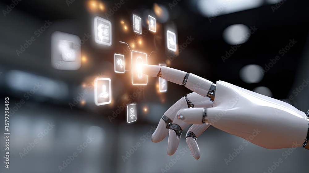Aufkleber futuristic robot hand selecting digital interface icons in technology concept