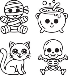 Spooky Halloween Characters Collection: A collection of cute black and white illustrations featuring a mummy, a cauldron, a cat, and a skeleton. Ready for the Halloween celebration!