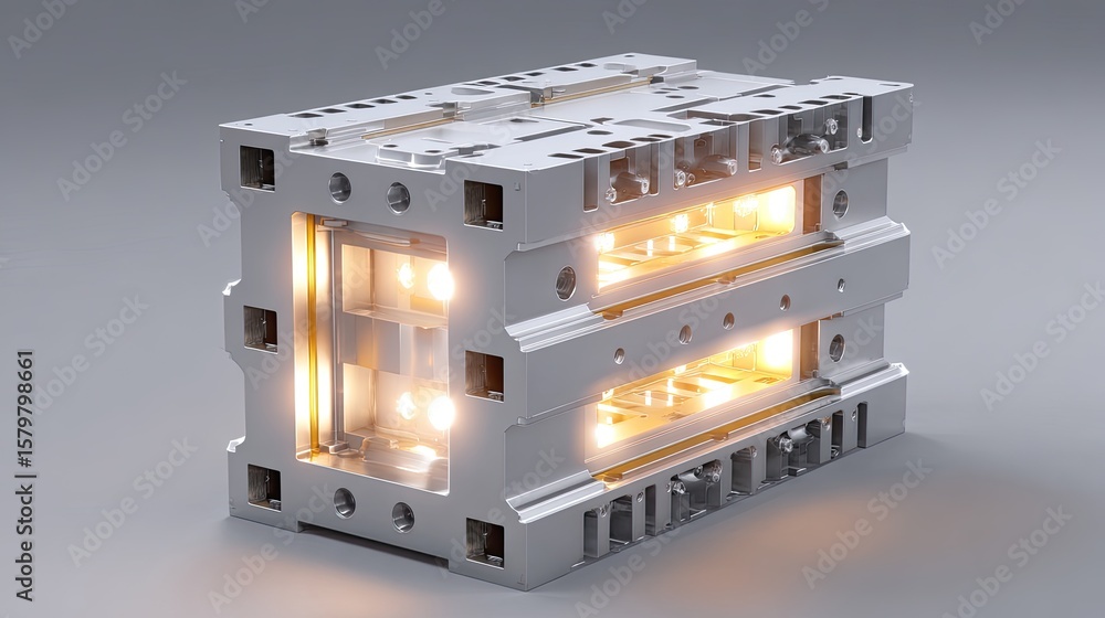 Poster intricate silver metallic structure with illuminated elements for modern industrial applications