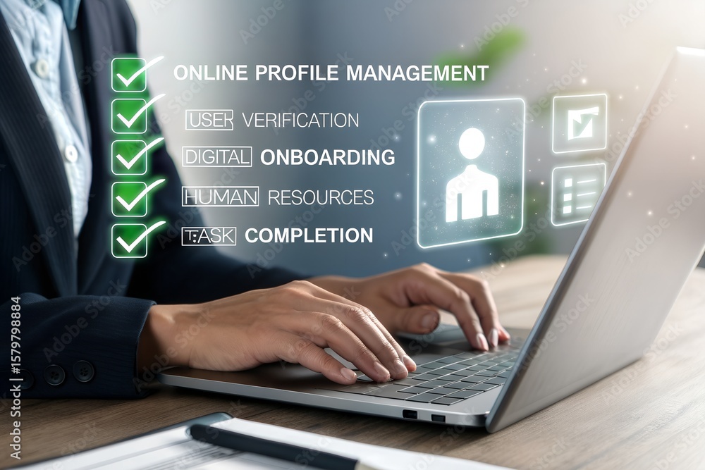 Fototapete a business person uses a computer to manage online profiles. digital screens display user verificati