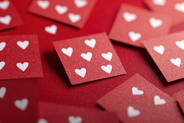 Red squares scattered, each adorned with multiple small white hearts, creating a romantic, textured backdrop