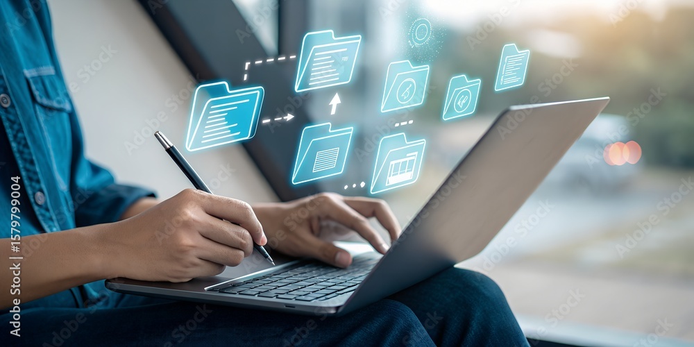 Poster a person efficiently manages and organizes digital files on a laptop, with glowing data folders appe