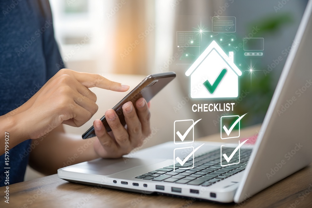 Poster a person is using a smartphone to check off items on a digital house checklist for efficient home ta