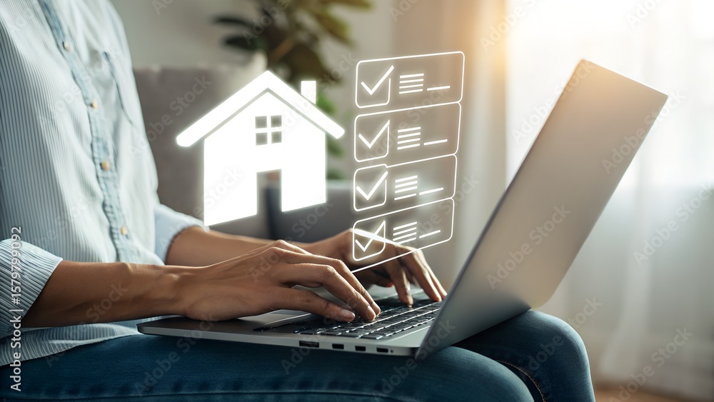 Poster an individual is using a laptop to manage important home property tasks, actively checking off items