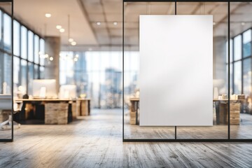 Blank poster on glass wall in modern office