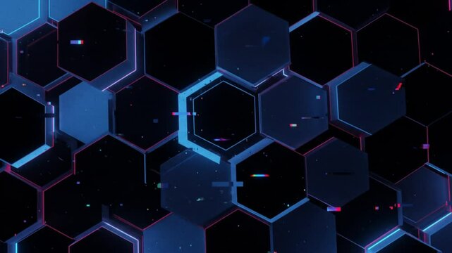 Interlocking glowing hexes create a techy pattern