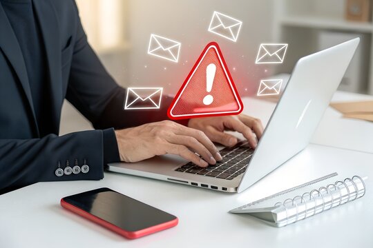 A person types on a laptop, surrounded by email envelopes and a red warning symbol, indicating a cybersecurity risk.