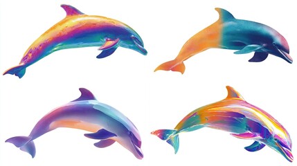 Fototapeta premium Four digitally painted dolphins, each different & vivid color palettes