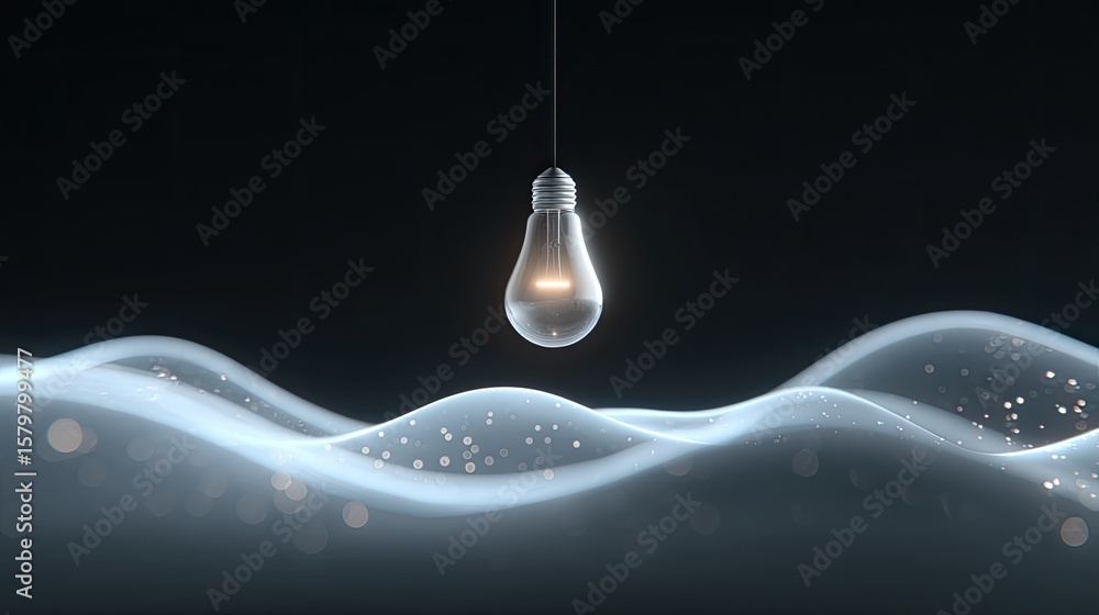 Aufkleber glowing light bulb suspended above soft waves with gentle bokeh and atmospheric background