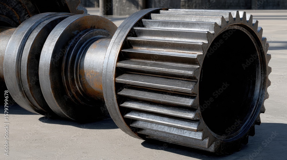 Poster close-up view of industrial gear component with metallic texture and detailed pattern for engineerin