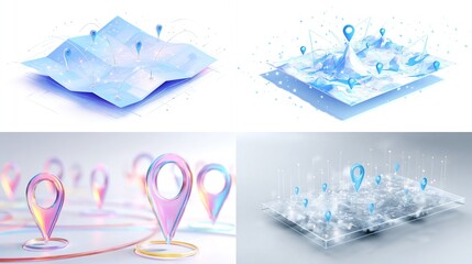 Four digital, stylized maps with holographic pin-markers and connected data lines, showing location concepts