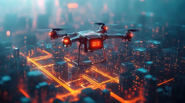 AI-driven delivery drone navigating a glowing futuristic city map